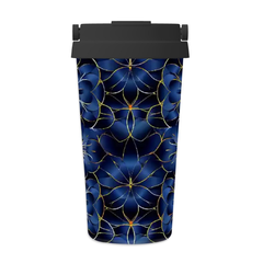 Tumbler with blue floral pattern on a white background