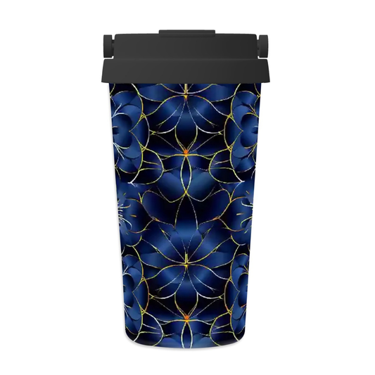 Tumbler with blue floral pattern on a white background