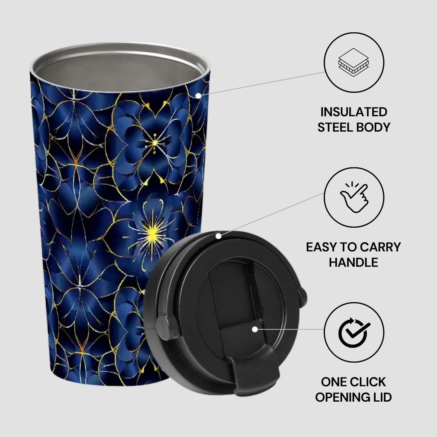 Blue floral-patterned tumbler with black lid on a light gray background