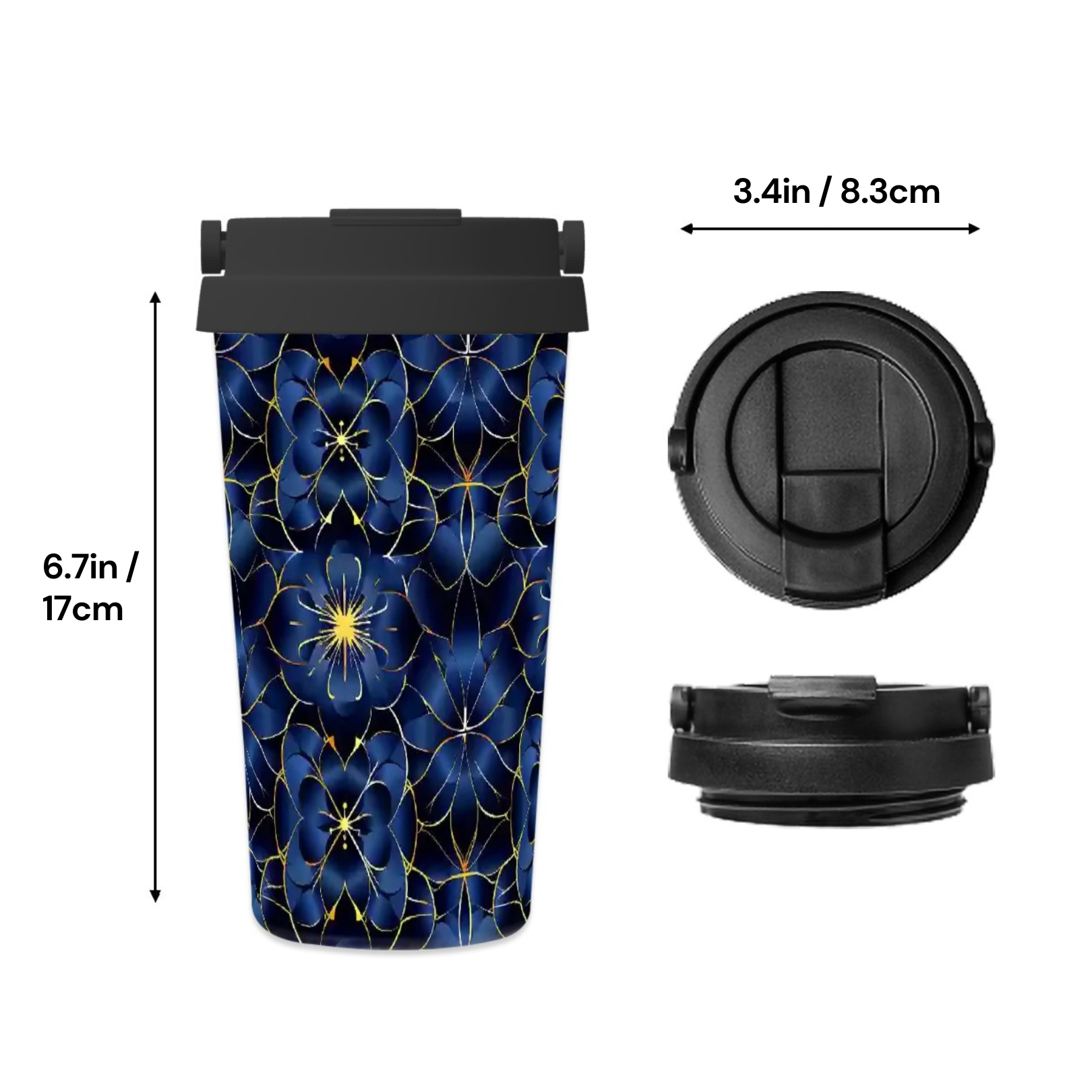 Travel mug with blue floral pattern and black lid, shown with measurements on a white background.