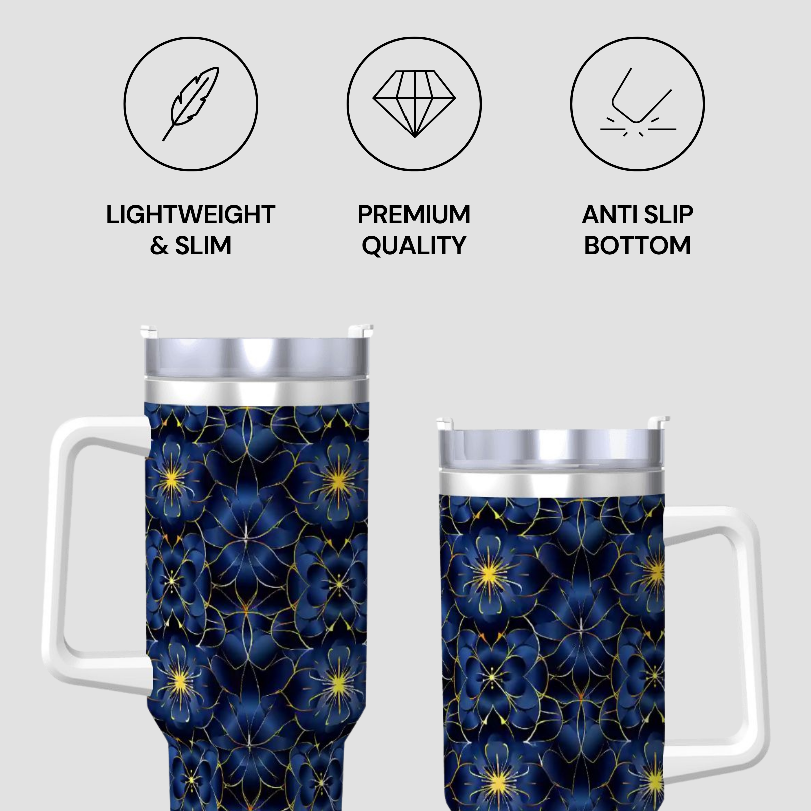 Two floral-patterned tumblers with features listed above on a light gray background