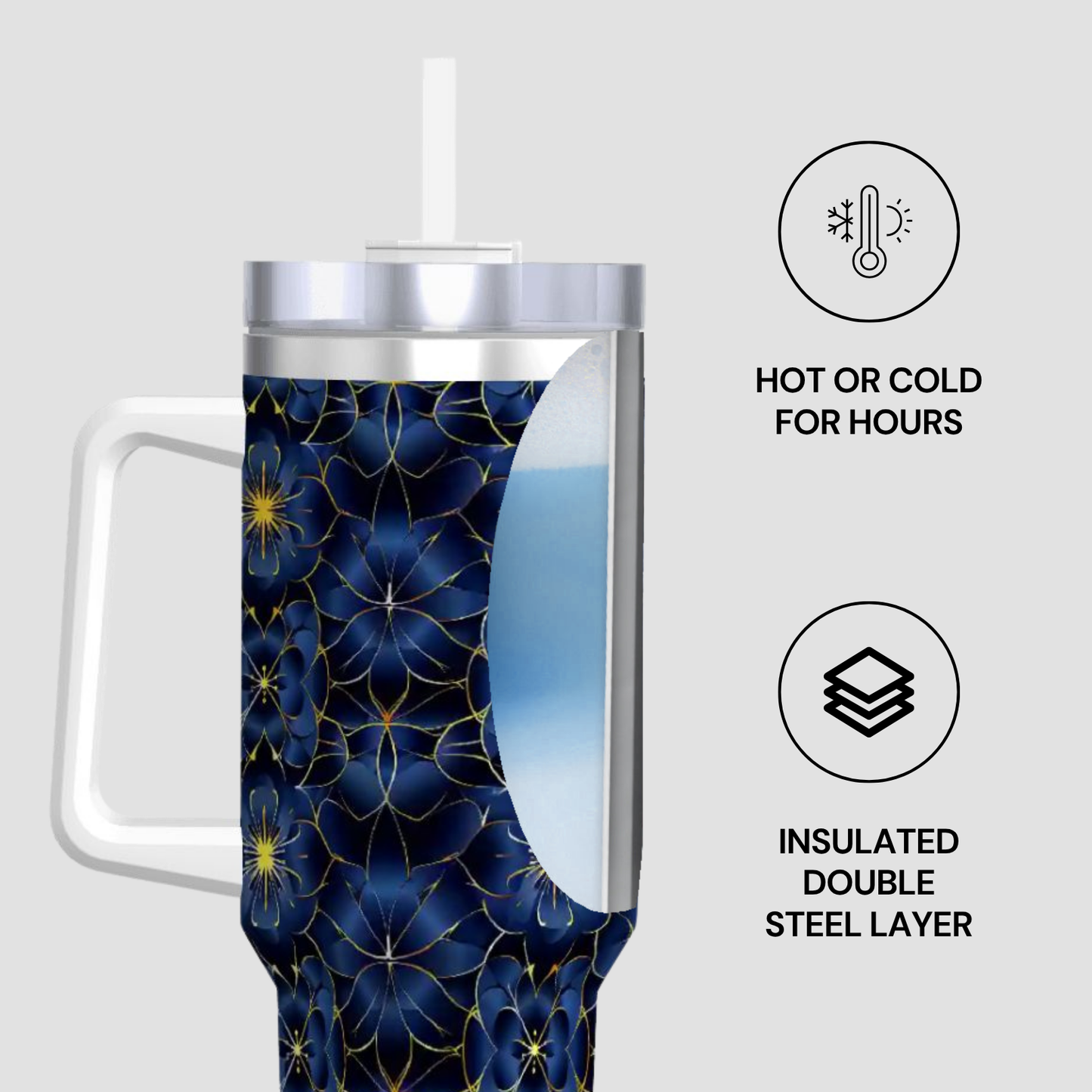 Insulated tumbler with blue floral pattern on a white background