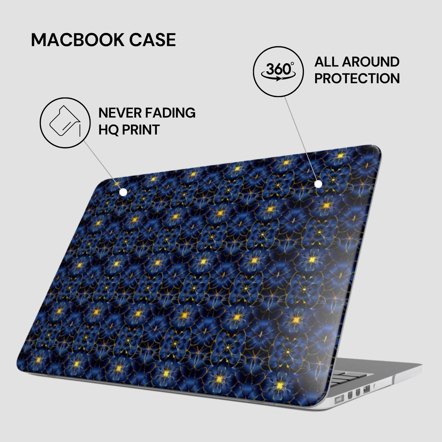 Macbook case with blue floral pattern on a white background