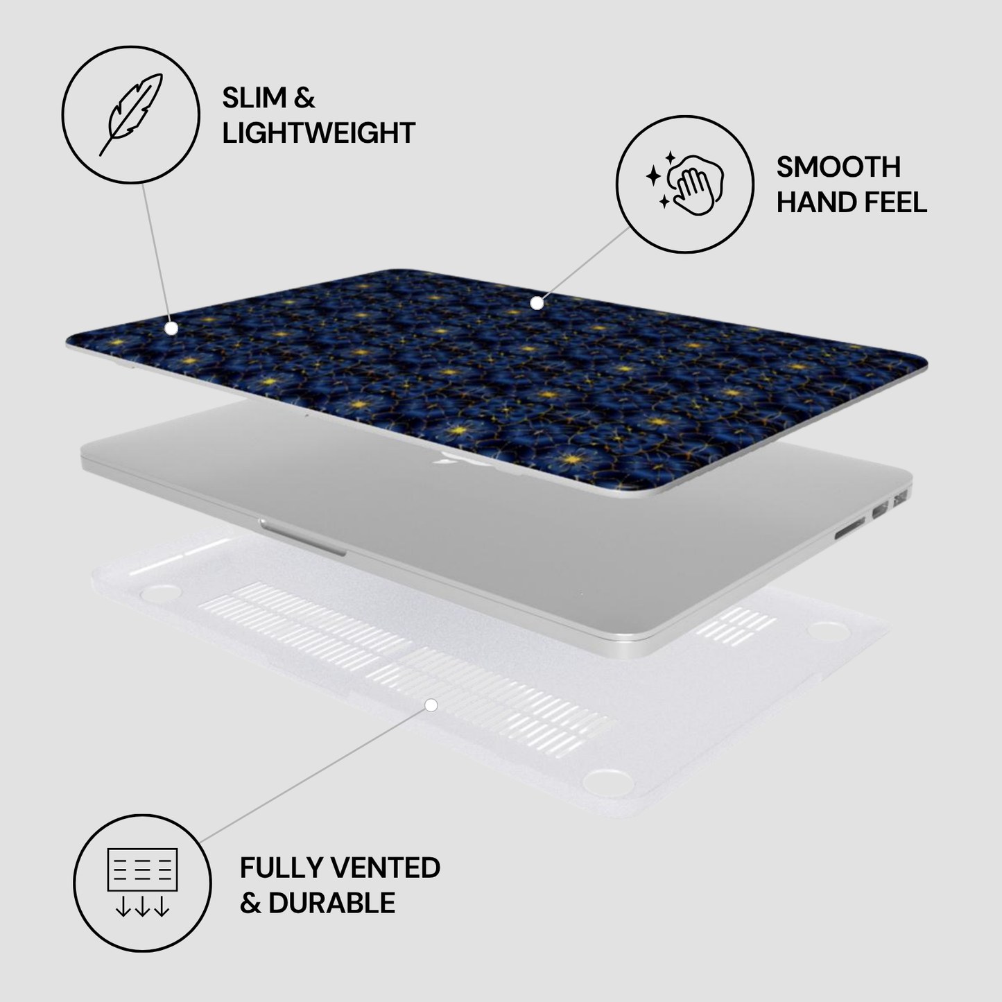 Laptop with decorative skin on a light gray background, featuring icons and text about product features.
