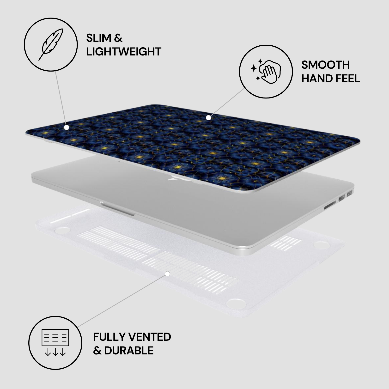 Laptop with decorative skin on a light gray background, featuring icons and text about product features.