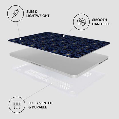 Laptop with decorative skin on a light gray background, featuring icons and text about product features.