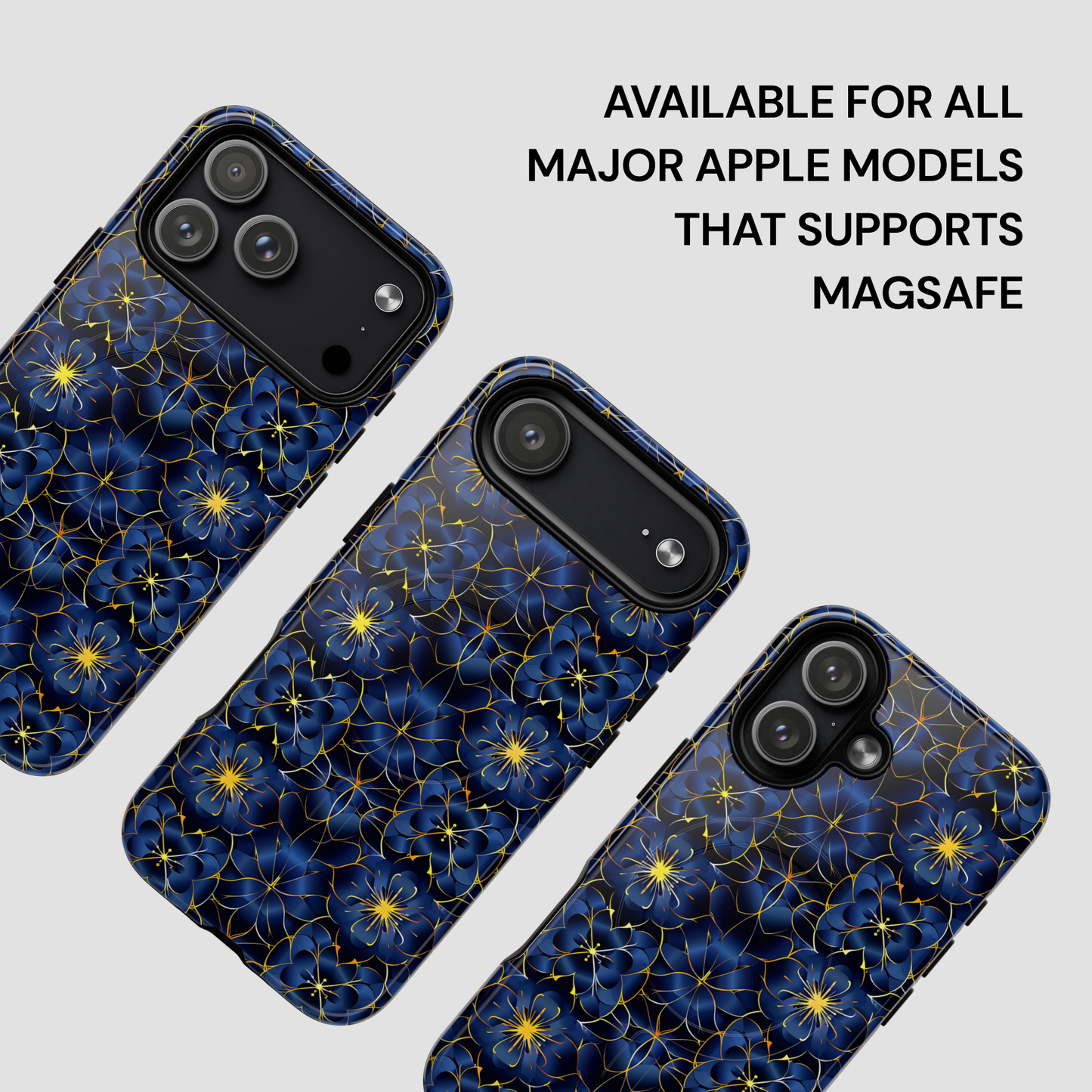 Blue floral patterned phone case with text about compatibility on a light gray background