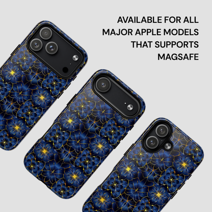 Blue floral patterned phone case with text about compatibility on a light gray background