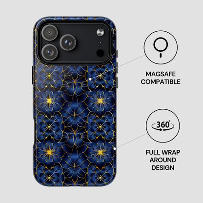 Phone case with blue floral pattern and Magsafe compatibility on a gray background