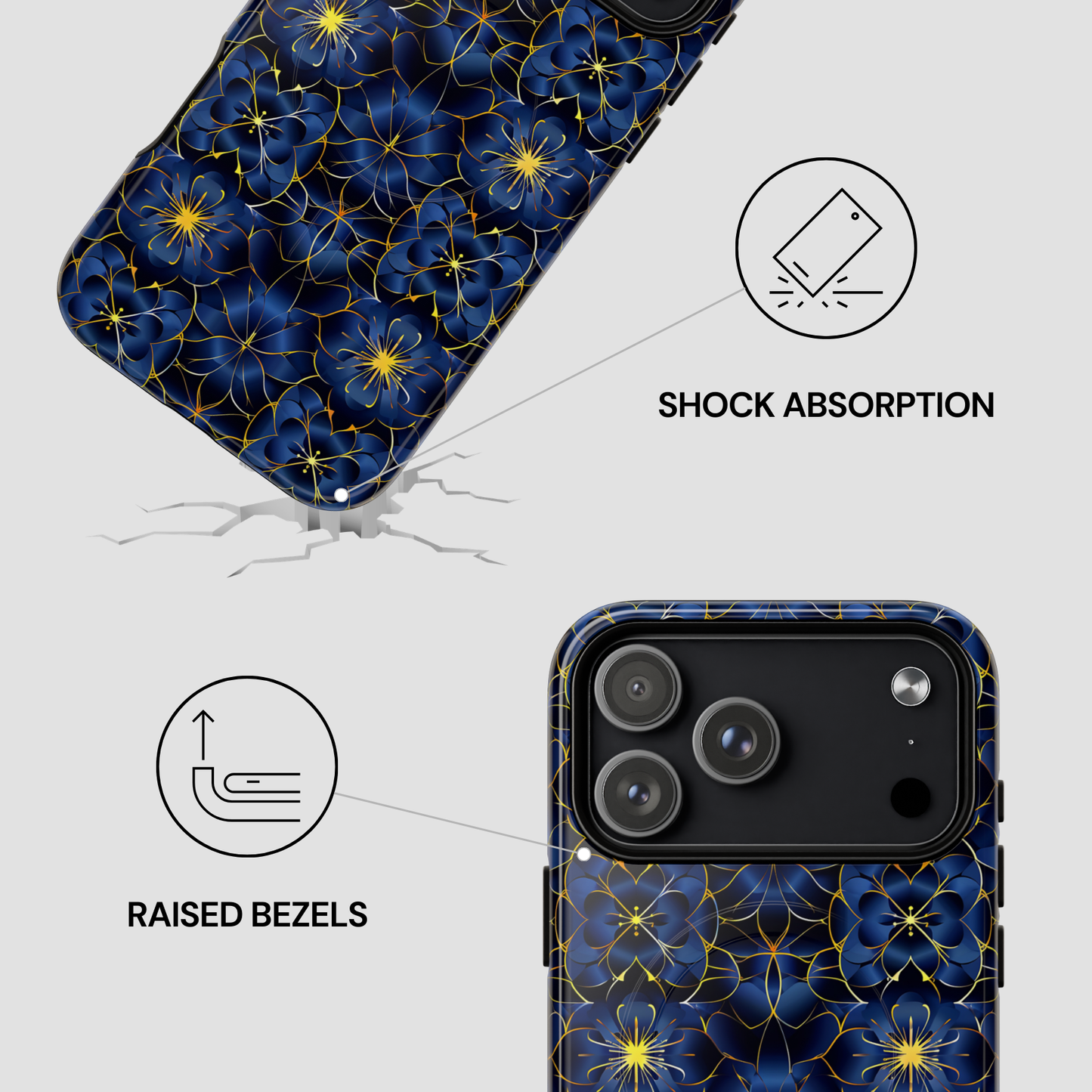 Phone case with blue floral design and shock absorption features on a white background