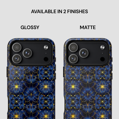 Two phone cases with blue floral pattern, one glossy and one matte, on a white background.