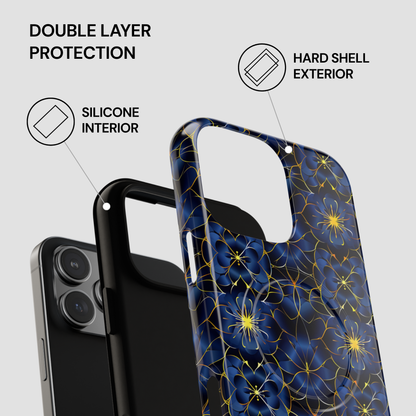 Phone case with floral design and text highlighting double layer protection on a white background