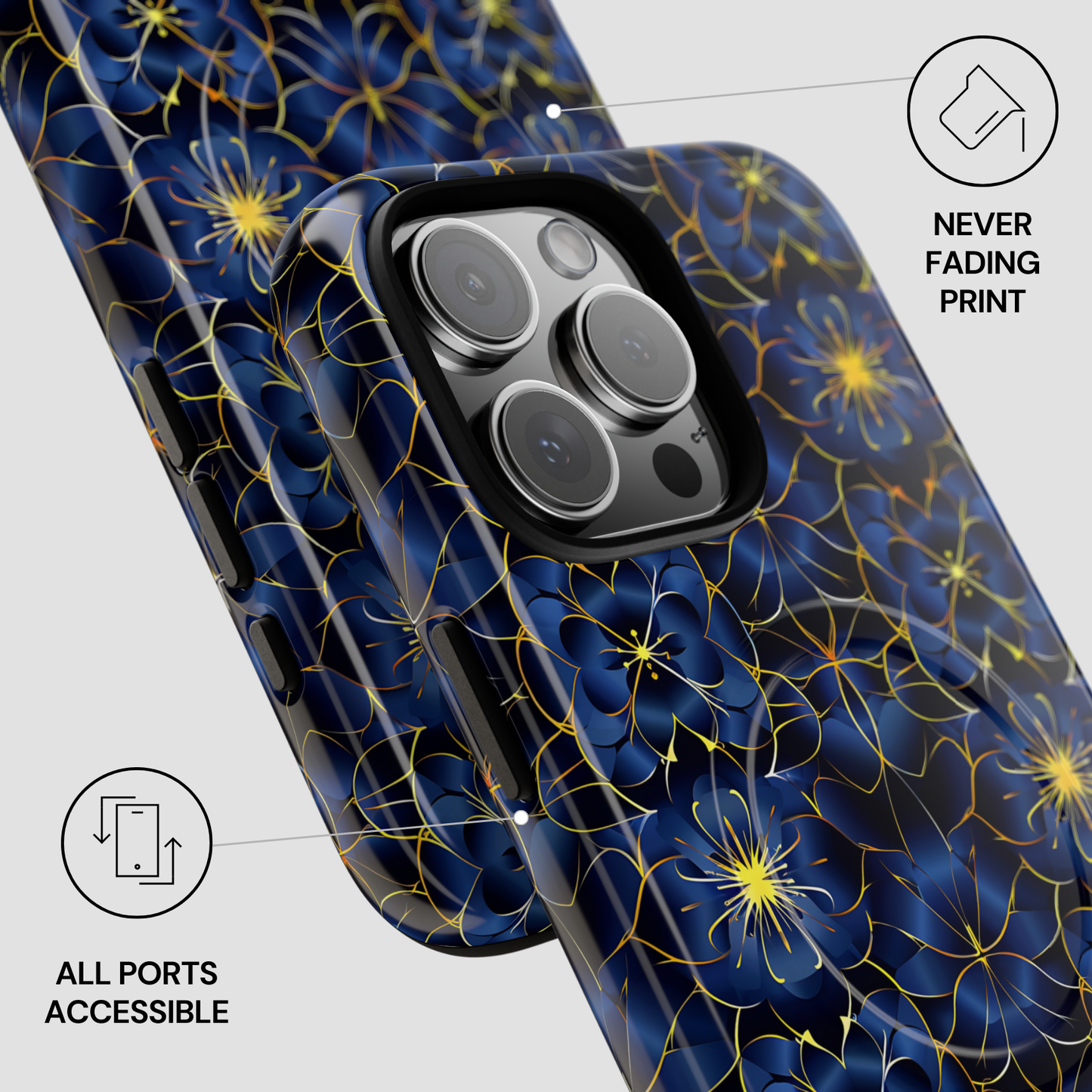 Phone case with blue floral pattern on a white background