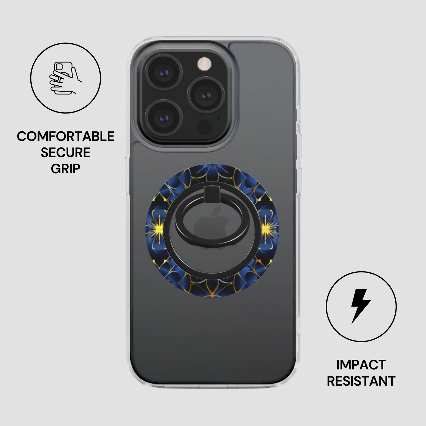 Phone case with ring holder and text about comfort, security, and impact resistance on a light gray background.