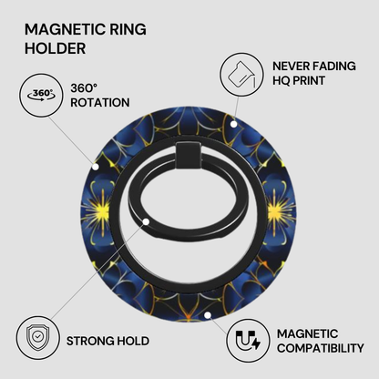 Magnetic ring holder with features highlighted on a gray background