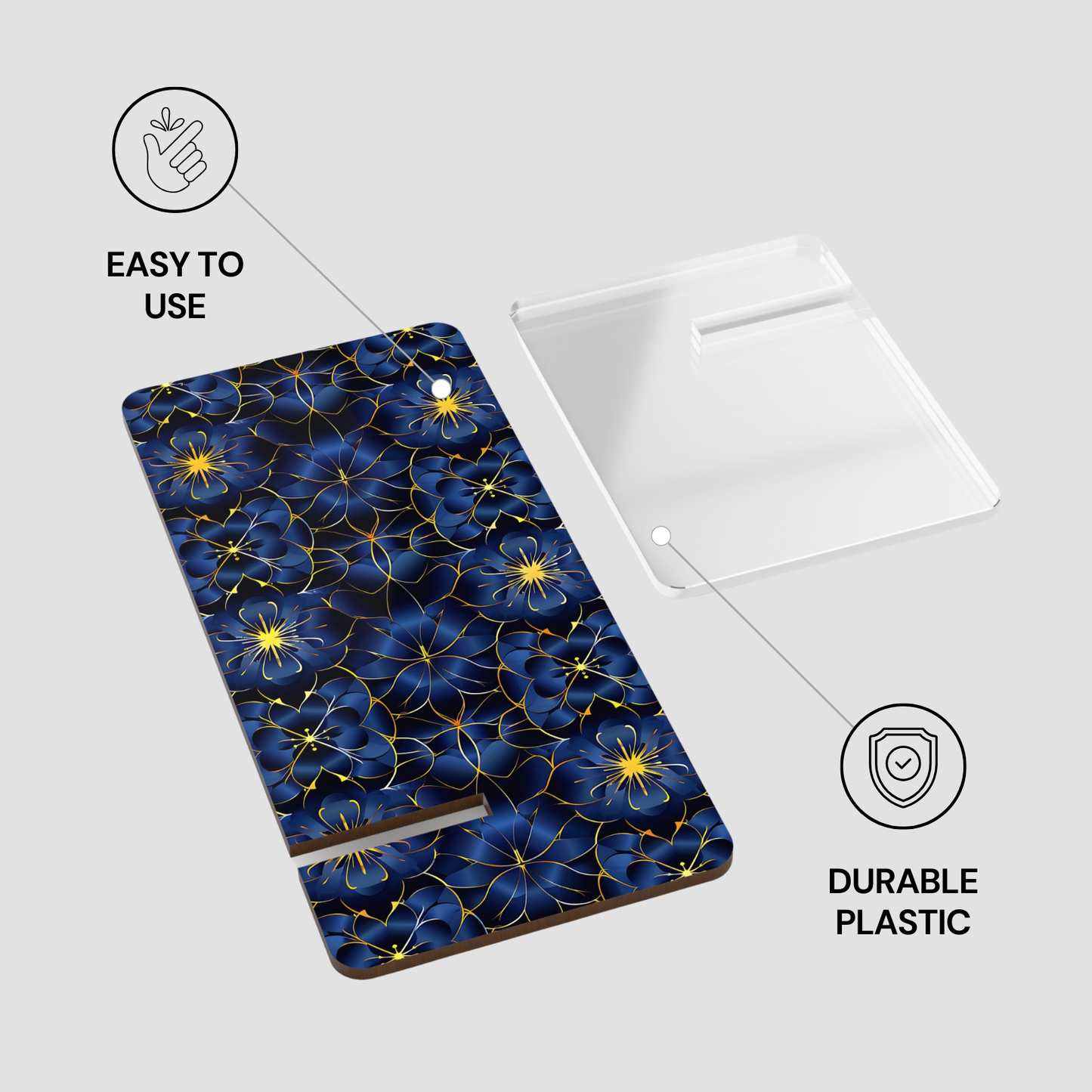 Floral design phone case with text 'Easy to use' and 'Durable plastic' on a gray background