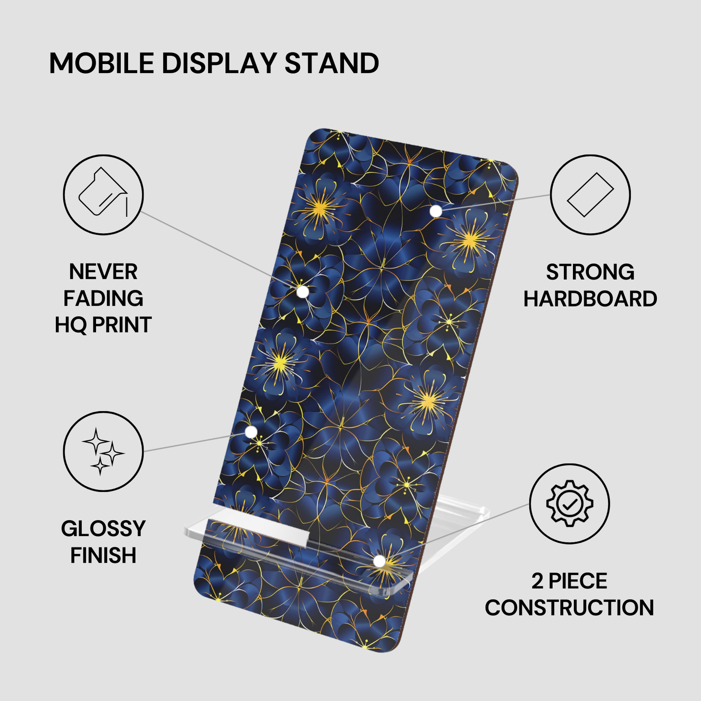 Floral-patterned mobile display stand with features highlighted on a gray background