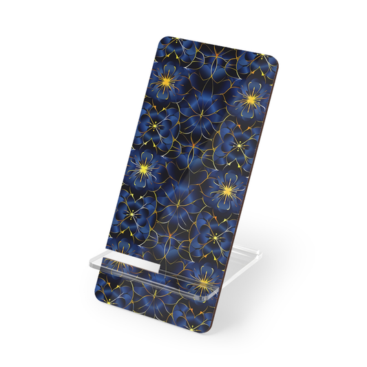 Phone stand with blue floral pattern on a white background