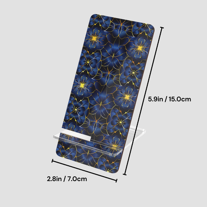 Floral-patterned phone case with measurements on a gray background