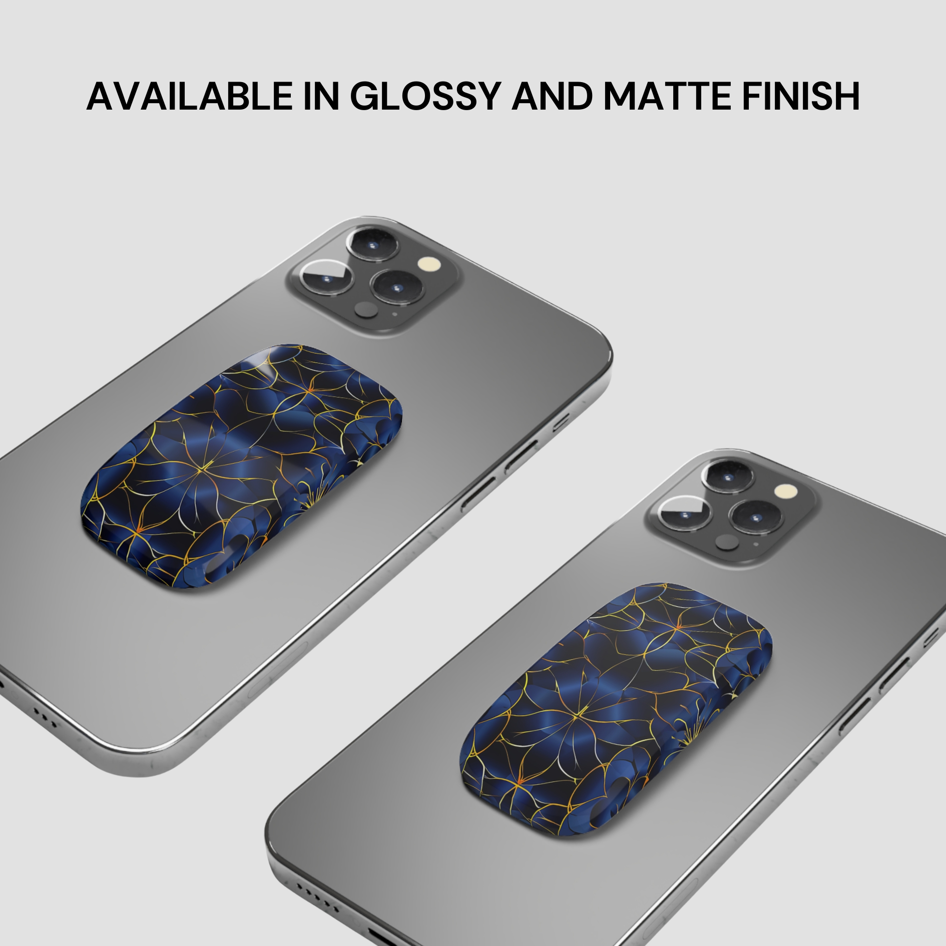 Two phone cases with blue floral design on a gray background, text indicating finish options.
