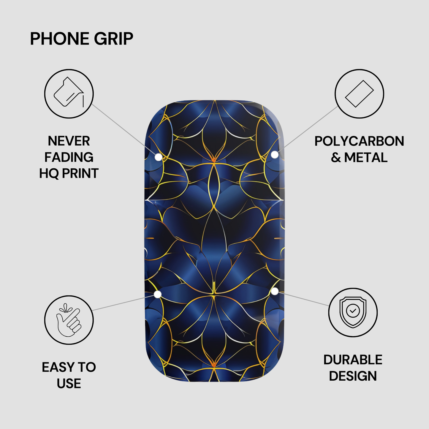 Phone grip with spider web design on a gray background, featuring text about product features.