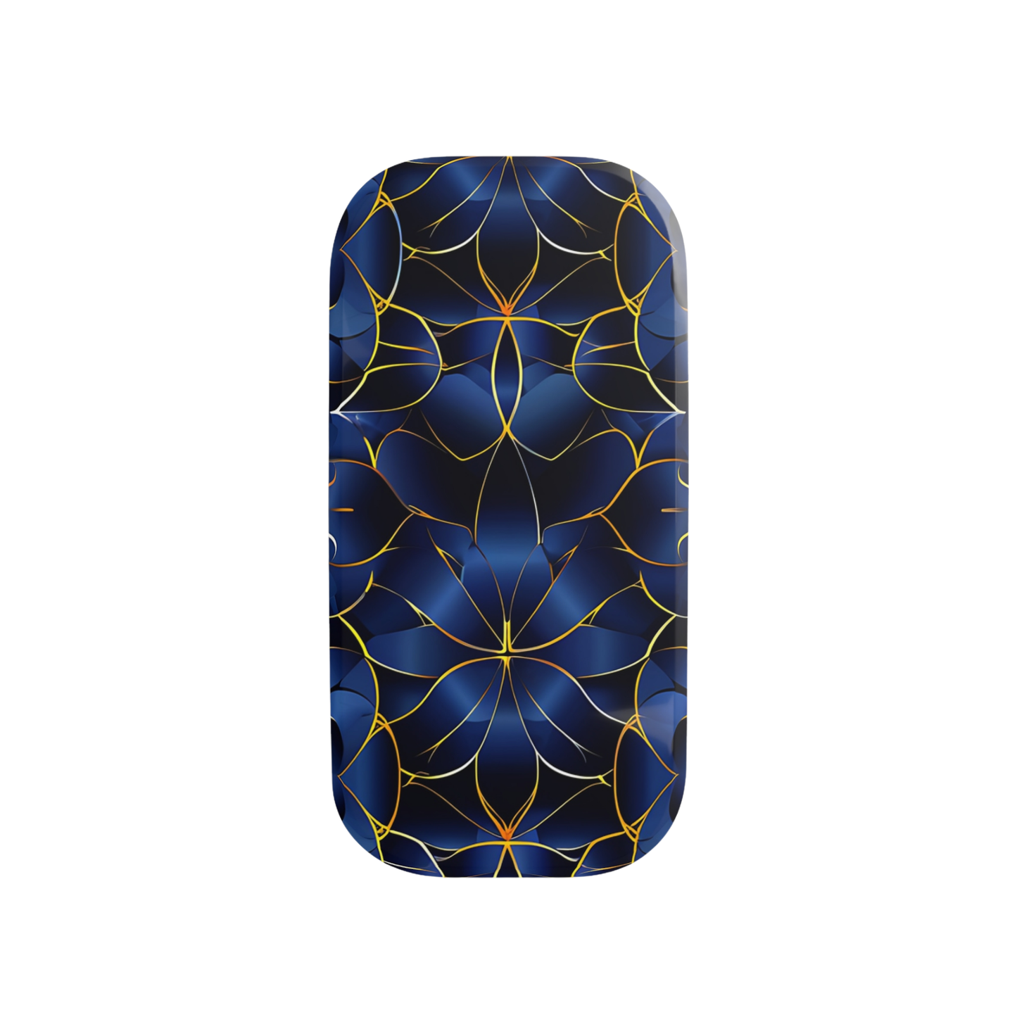 Phone case with blue and gold geometric pattern on a white background
