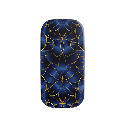 Phone case with blue and gold geometric pattern on a white background