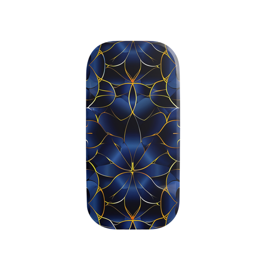 Phone case with blue and gold geometric pattern on a white background