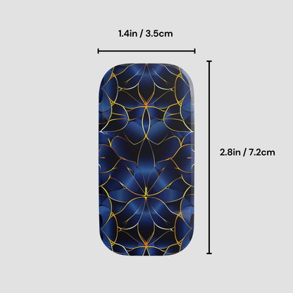 Blue and gold geometric patterned item with measurements on a gray background