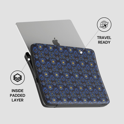 Laptop case with blue pattern and Apple logo on a gray background