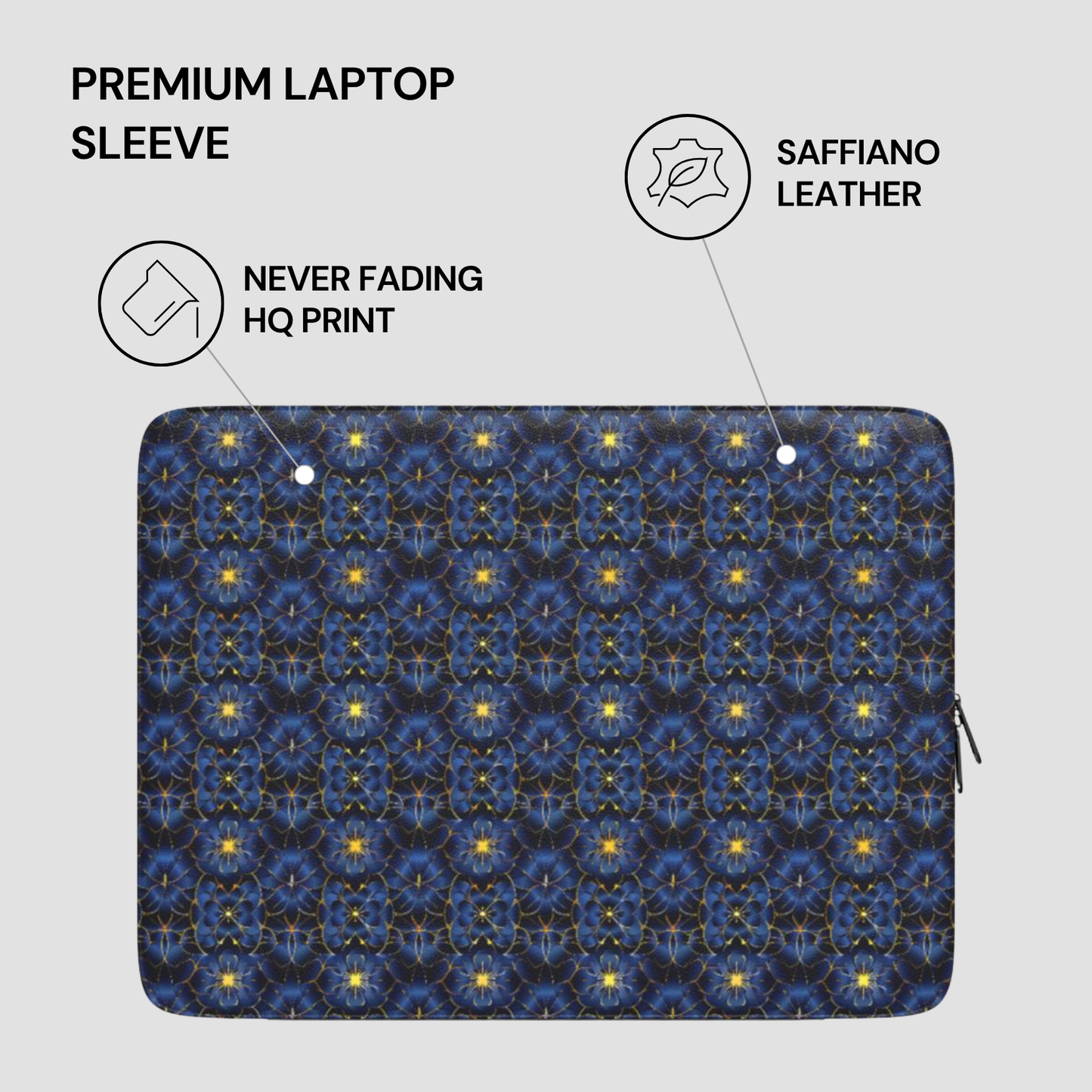 Patterned laptop sleeve with saffiano leather finish on a light gray background