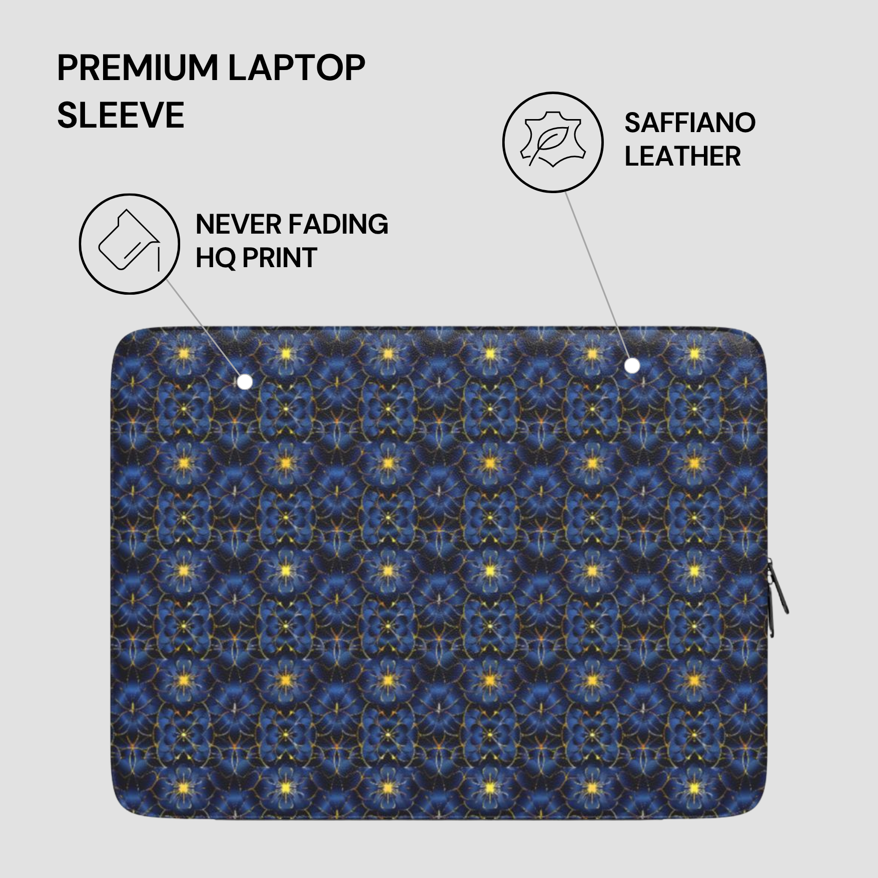 Patterned laptop sleeve with saffiano leather finish on a light gray background