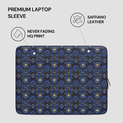 Patterned laptop sleeve with saffiano leather finish on a light gray background