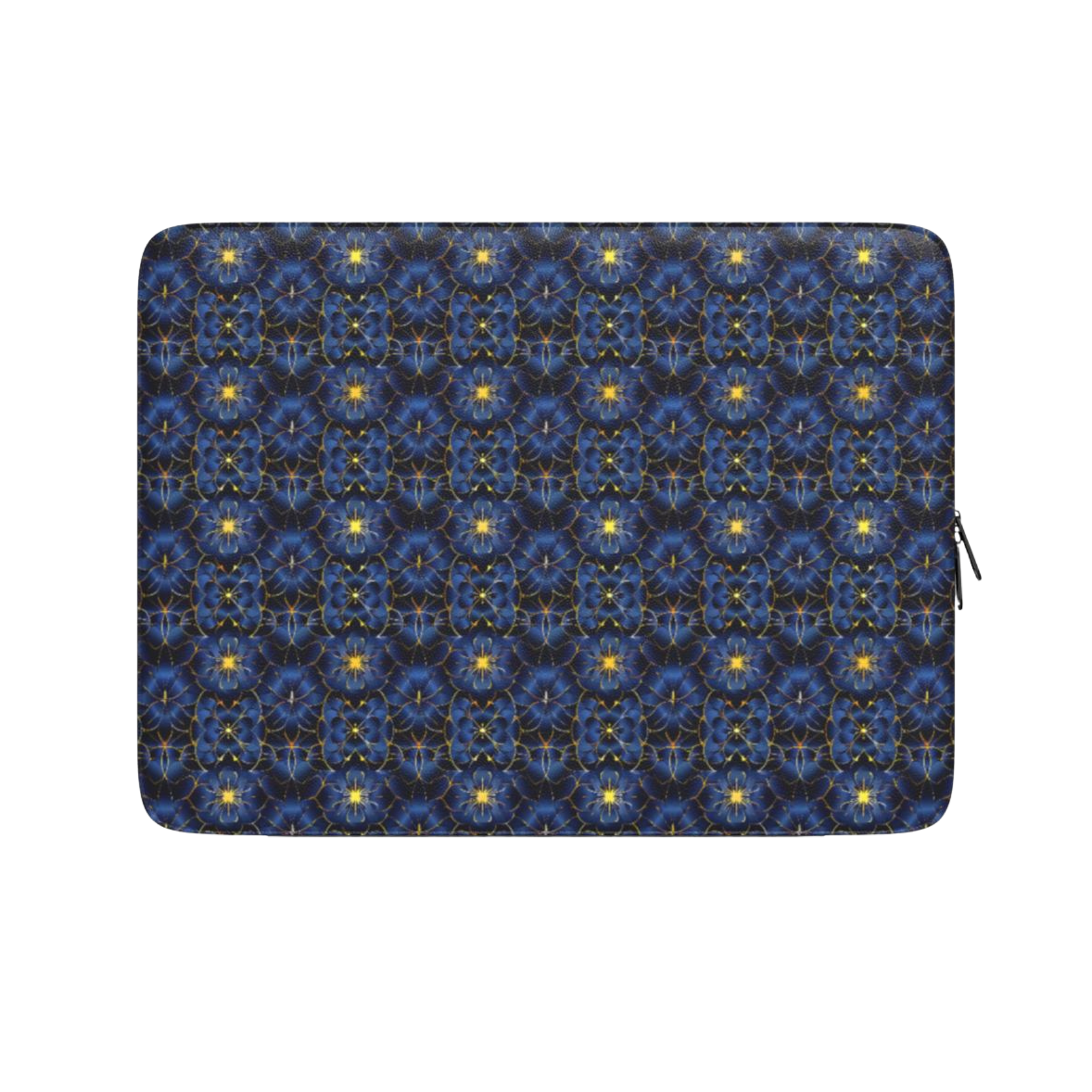 Laptop sleeve with blue and black geometric pattern on a white background