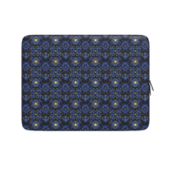 Laptop sleeve with blue and black geometric pattern on a white background