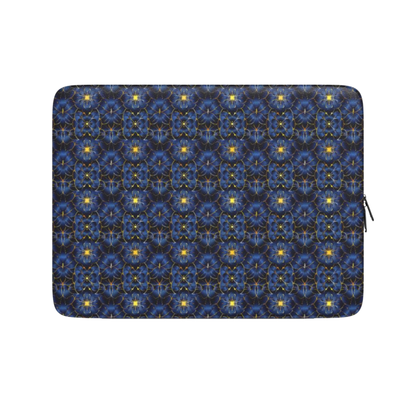 Laptop sleeve with blue and black geometric pattern on a white background