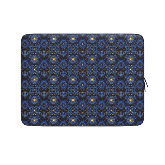 Laptop sleeve with blue and black geometric pattern on a white background