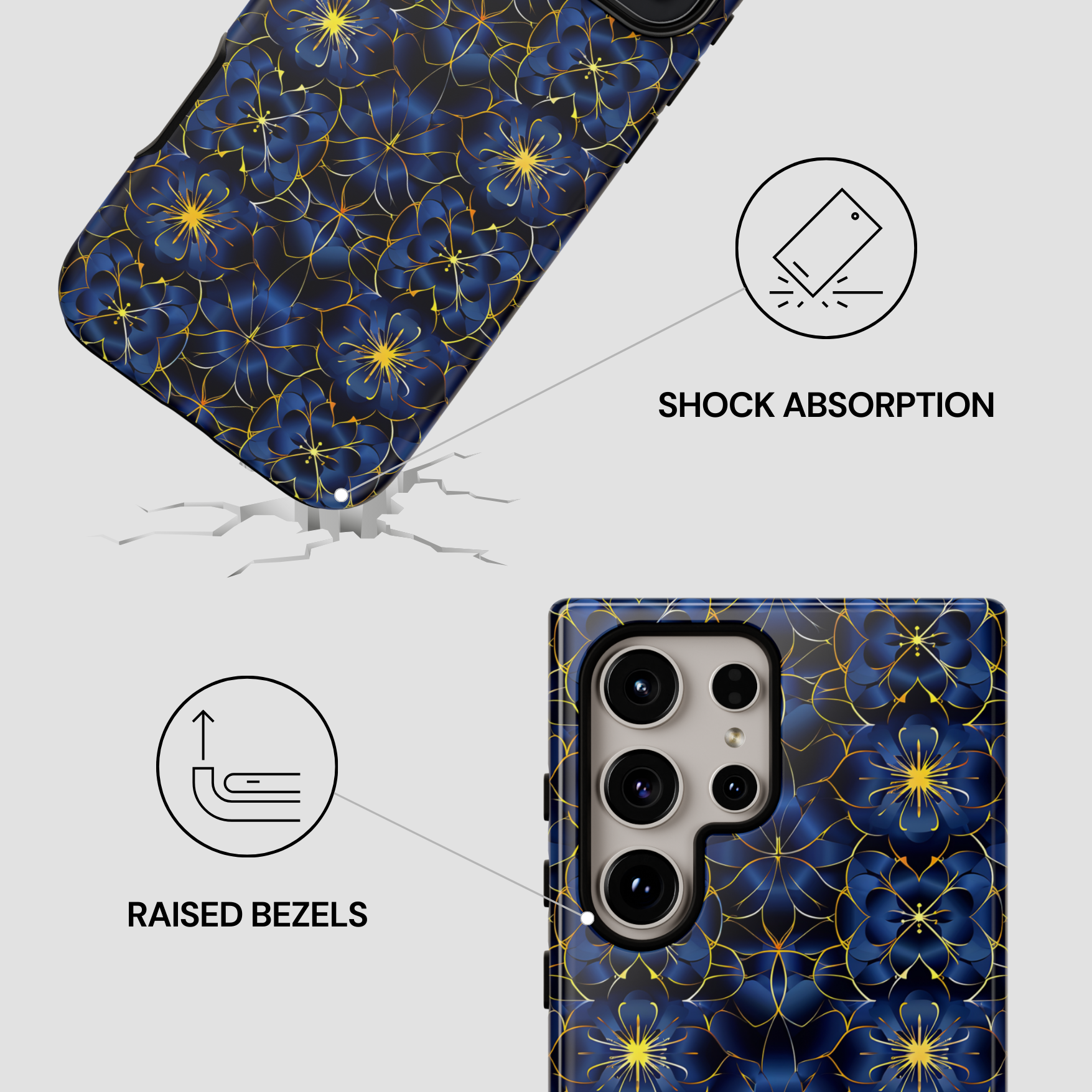 Phone case with blue floral pattern and shock absorption features on a white background