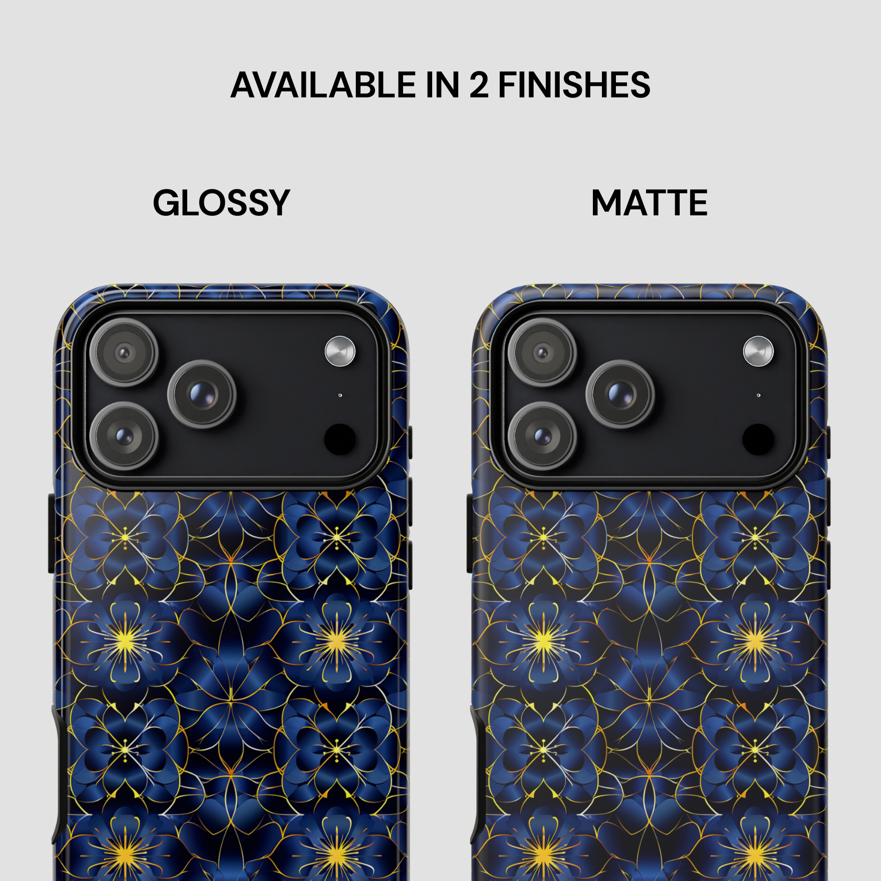Two phone cases with blue floral pattern, one glossy and one matte, on a white background.