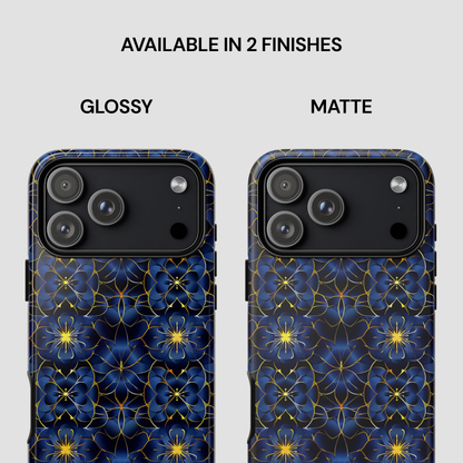Two phone cases with blue floral pattern, one glossy and one matte, on a white background.