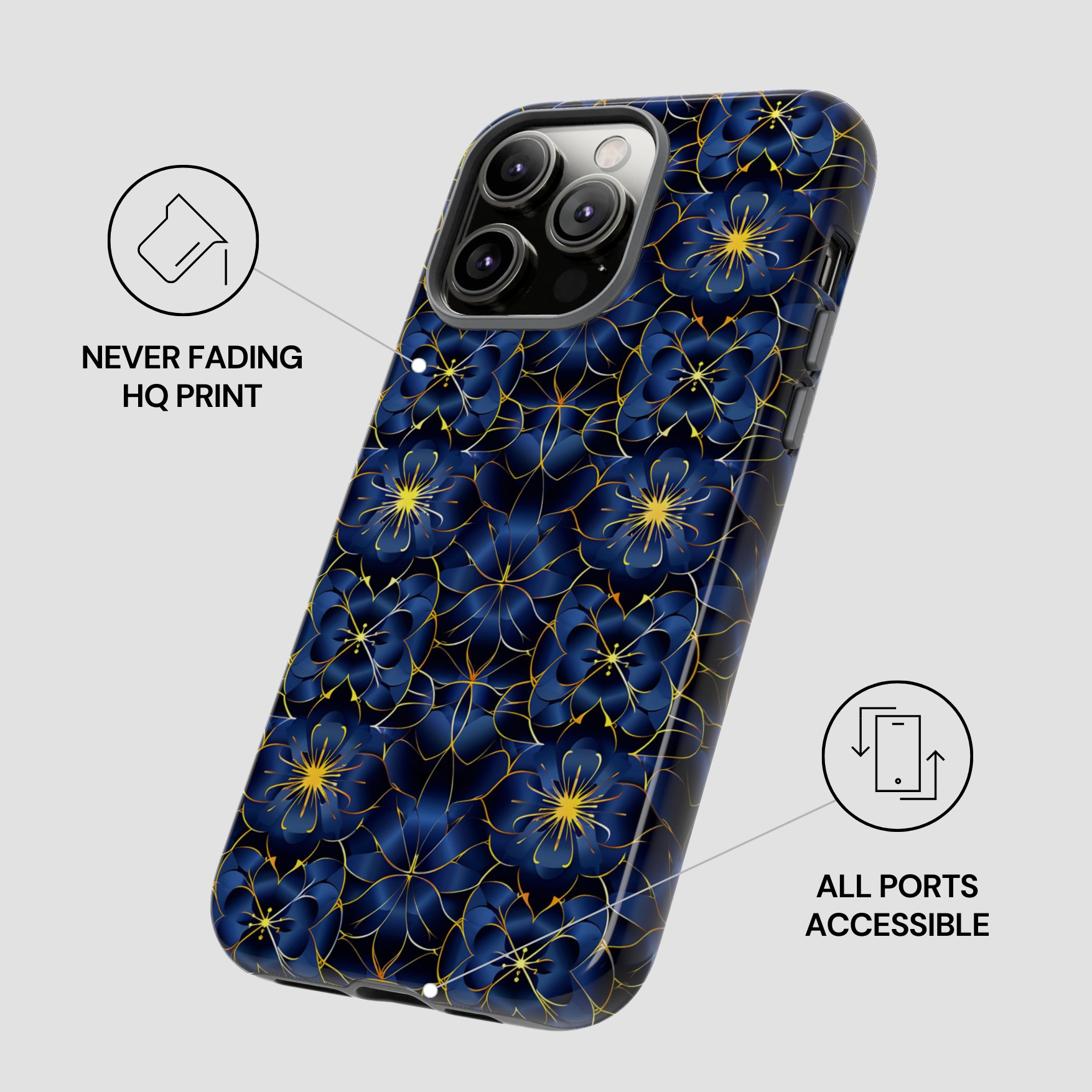 Phone case with blue floral pattern on a gray background