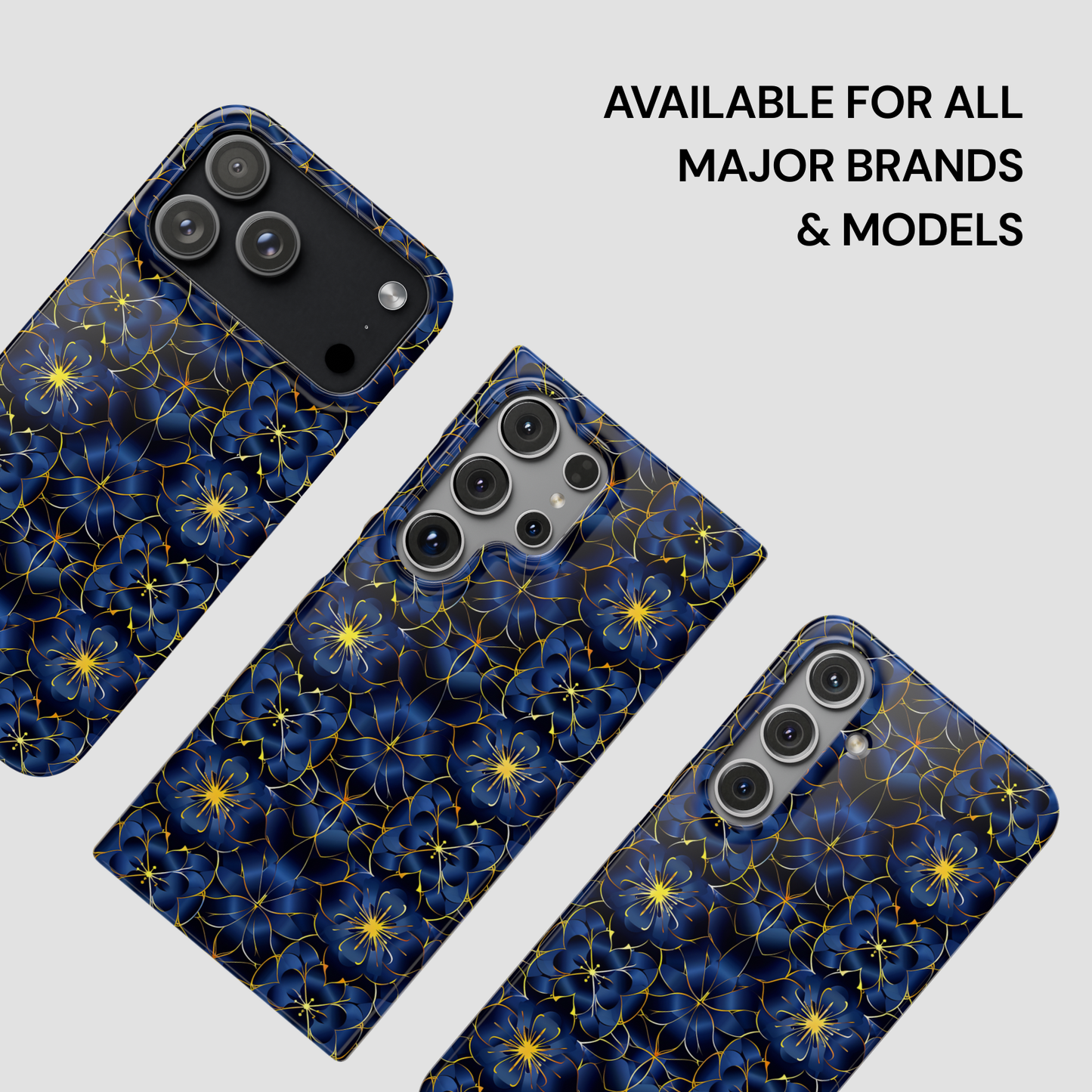 Blue floral phone case on a gray background with text 'Available for all major brands & models'.