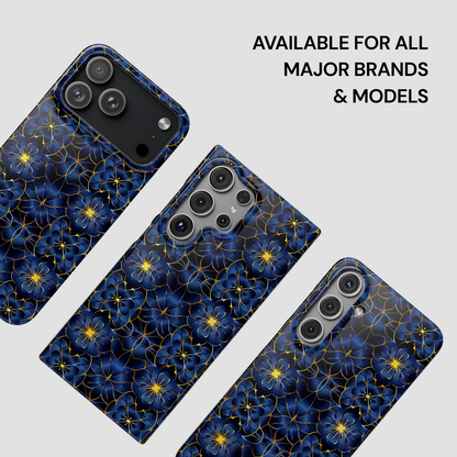 Blue floral phone case on a gray background with text 'Available for all major brands & models'.