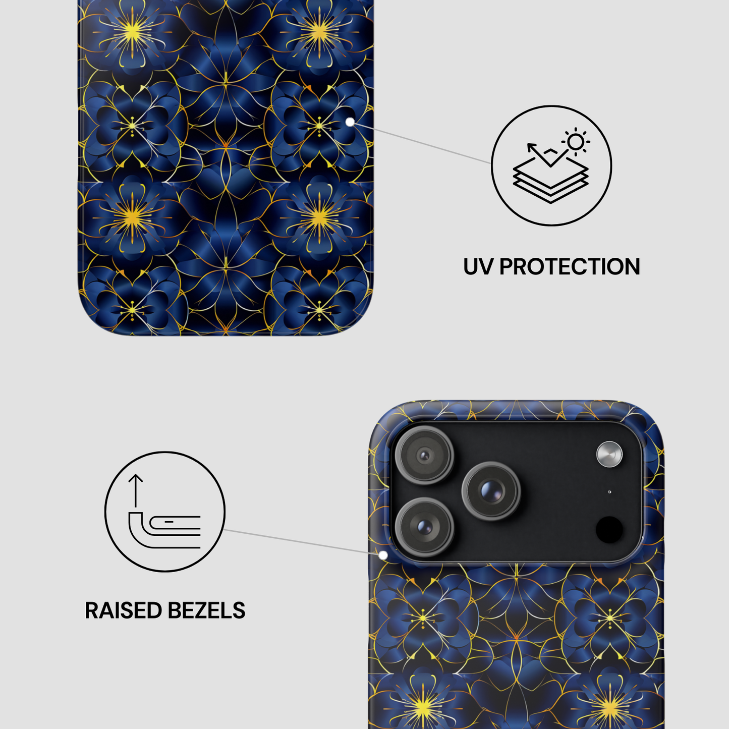 Phone case with blue floral pattern and UV protection and raised bezels features on a gray background