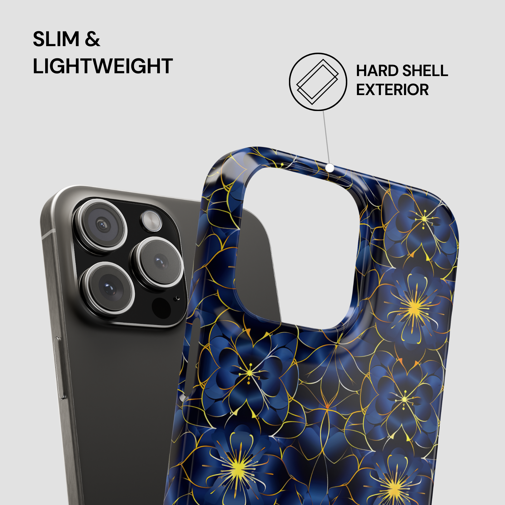 Phone case with floral design and text indicating slim, lightweight, and hard shell exterior on a gray background.
