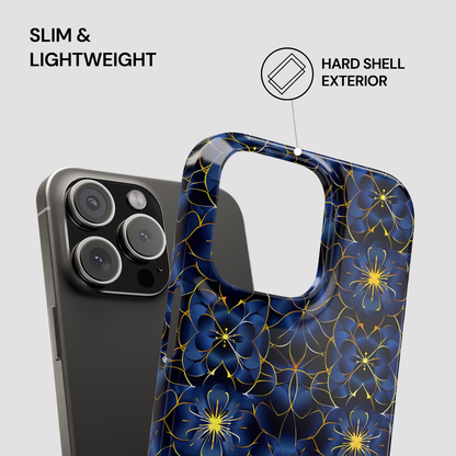 Phone case with floral design and text indicating slim, lightweight, and hard shell exterior on a gray background.