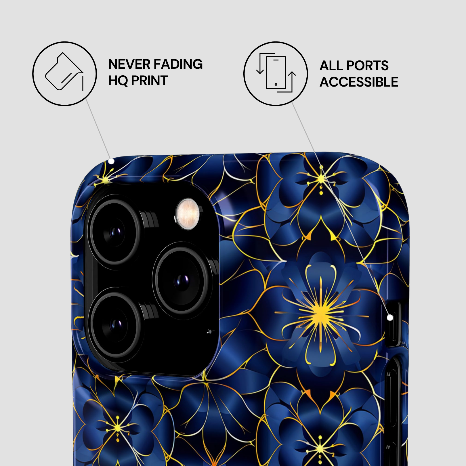 Phone case with blue floral design on a gray background