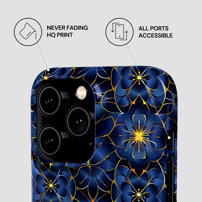 Phone case with blue floral design on a gray background