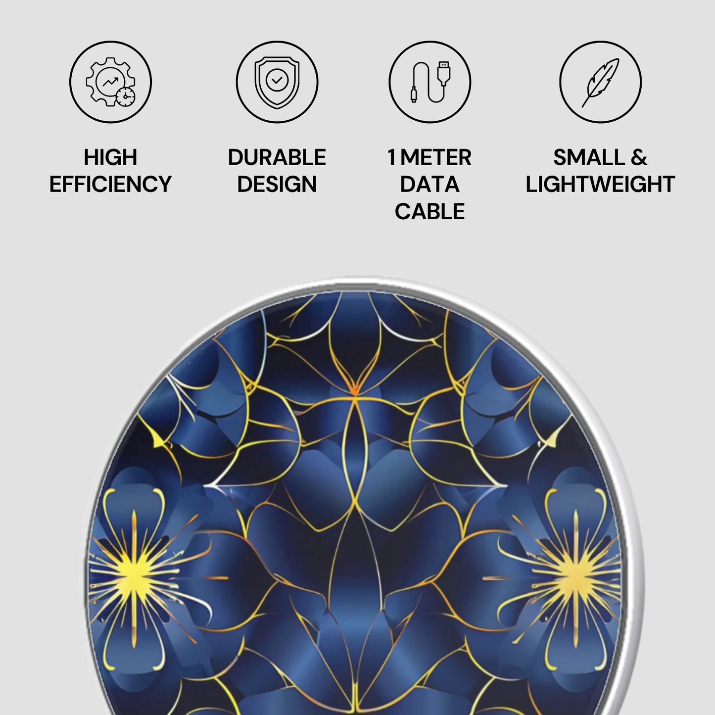 Product with blue floral design and icons indicating high efficiency, durable design, 1 meter data cable, and small & lightweight features on a gray background.