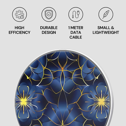 Product with blue floral design and icons indicating high efficiency, durable design, 1 meter data cable, and small & lightweight features on a gray background.